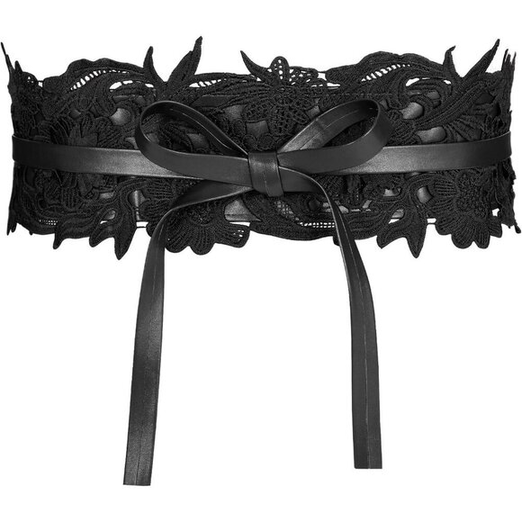 Women Lace Faux Leather Wide Waist Belt Corset Dress Obi Bowknot